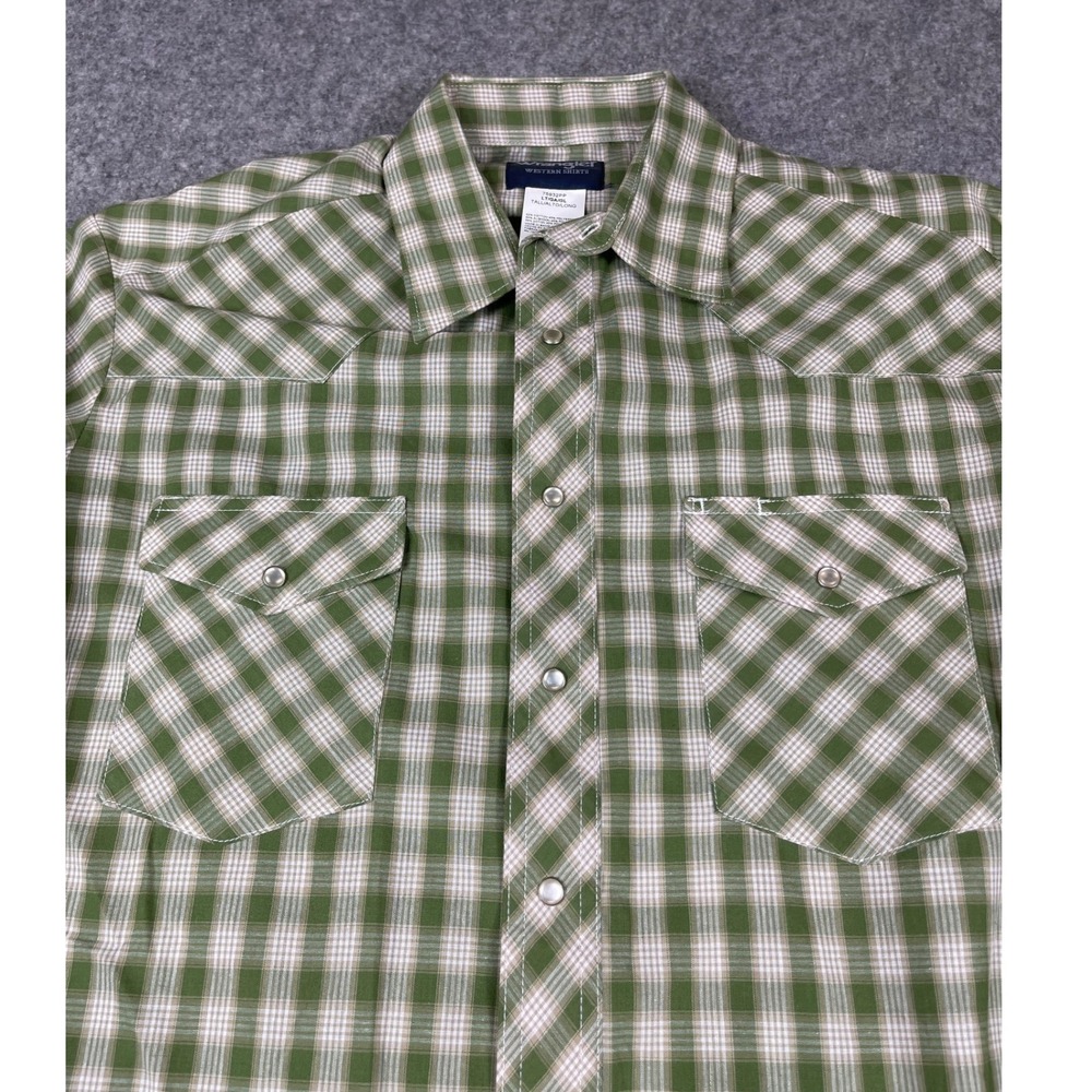 Wrangler Western Shirt Mens LG Tall Green Plaid Pearl Snap Long Sleeve Sawtooth